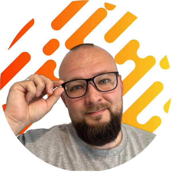 Portrait of a smiling web developer with a colorful graphic background